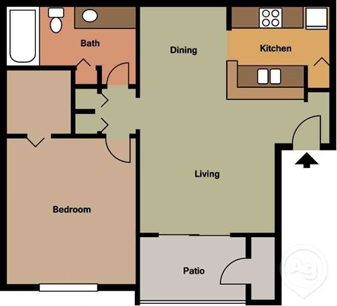 Floor plan for 1 bed, 1 bath, 750 sqft